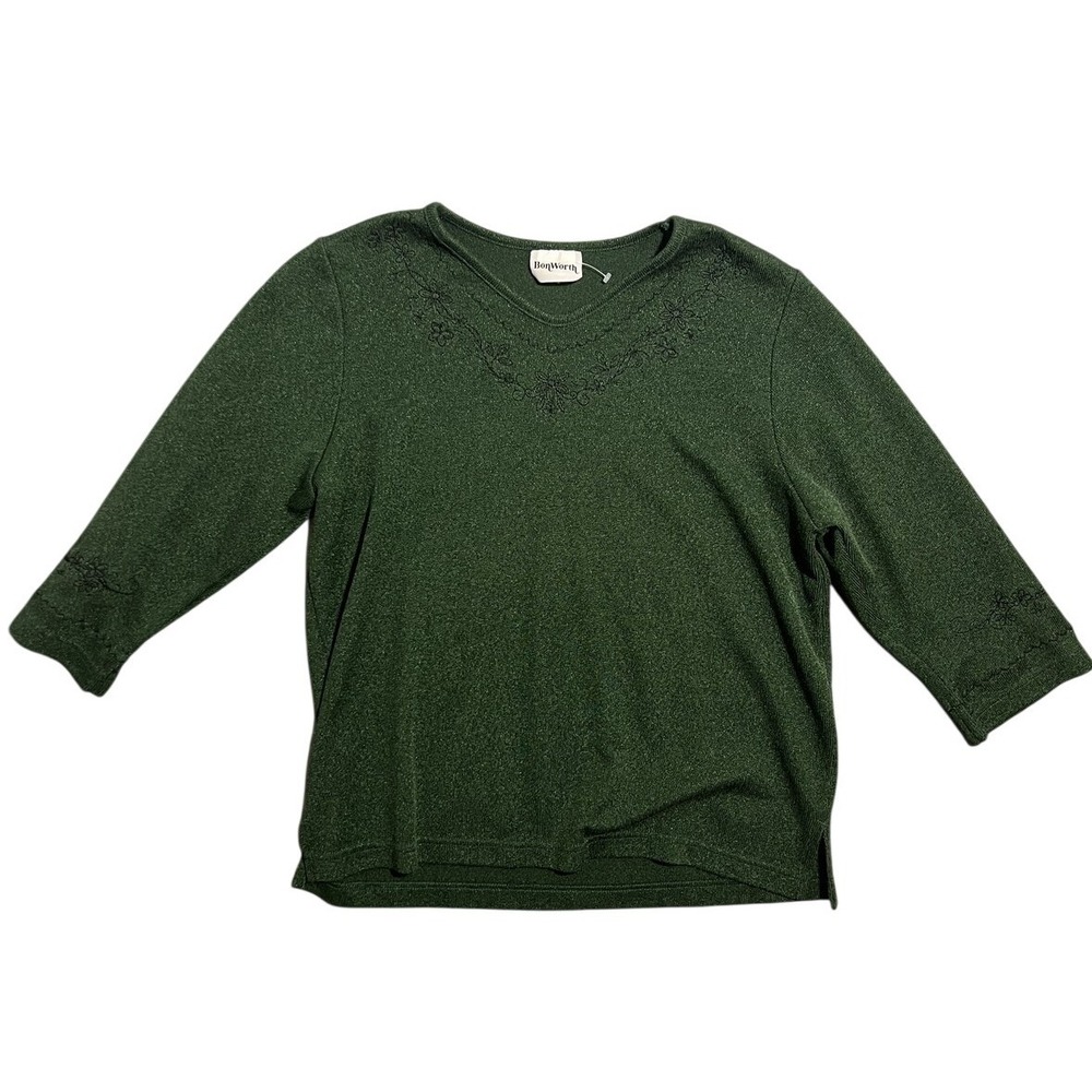 BonWorth Women's Forest Green Embroidered V-Neck Sweater 3/4 Sleeve Pullover L